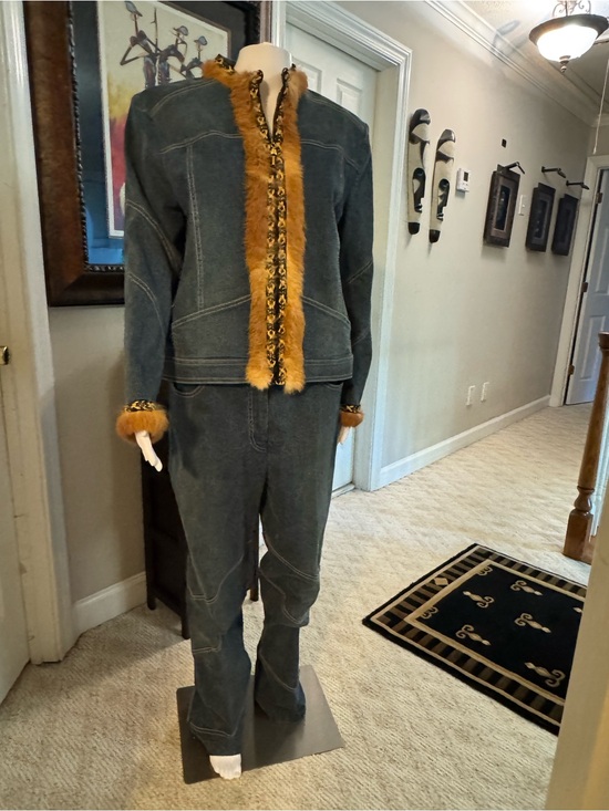 St. John Jackets & Blazers - St. John Dark Denim Jacket and Jeans Golden Brown Fur Trim